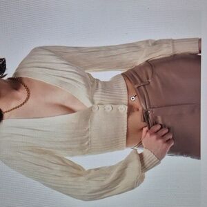 Sz‎ L- Aritzia Wilfred Thais Cream Merino Wool V-Neck Pleated Knit Crop Cardigan